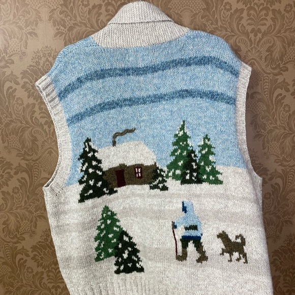 Vintage 90s Y2K Novelty Sleeveless Sweater Sweater Vest. Dog Skiing Cabin Geese - Picture 2 of 14